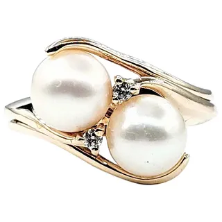 Elegant Twin Cultured Pearl & Diamond Ring