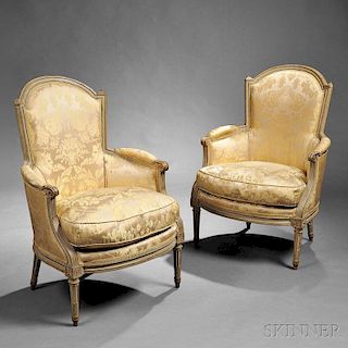 Pair of Louis XVI Painted and Upholstered Bergeres