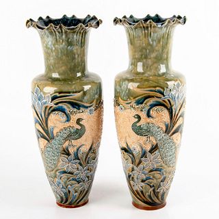 Pair of Doulton Lambeth Eliza Simmance Vases, Peacocks