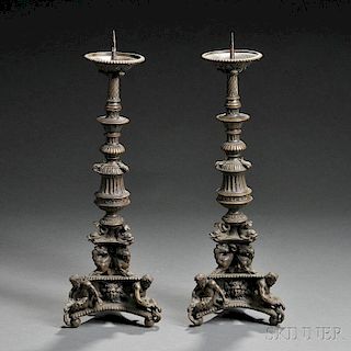 Pair of Renaissance-style Bronze Pricket Candlesticks
