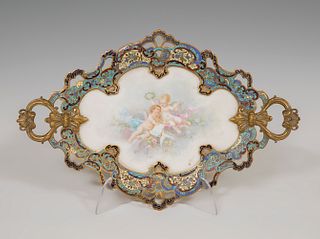 Tray; France, circa 1880. 
Sevres porcelain and gilt bronze with cloisonnÃ© enamel. 
Signed in the lower left area.