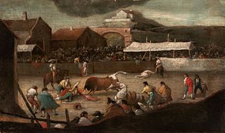 Circle of EUGENIO LUCAS VELÃZQUEZ (Madrid, 1817 - 1870); first half of the XIX century. 
"Bullfighting scene". 
Oil on canvas.