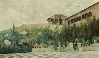 Spanish school of the late nineteenth century. Circle of MANUEL GARCÃA RODRÃGUEZ (Seville, 1863 - 1925). 
"View of the Alhambra. 
Oil on canvas.