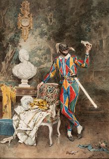 JULES WORMS (France, 1832 - 1914). 
"Harlequin." 
Gouache and watercolor on paper.