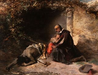 EDUARDO CANO DE LA PEÃ‘A (Madrid, 1823 - Seville, 1897). 
"Don Miguel de MaraÃ±a helping a poor man". 
Oil on panel.