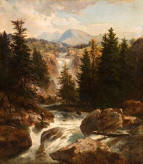 Austrian or Rhenish School; circa 1870. 
"Tyrolean landscape". 
Oil on canvas.