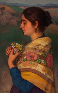 EUGENIO HERMOSO MARTÃNEZ (Fregenal de la Sierra, Badajoz, 1883 - Madrid, 1963). 
"Young man with flowers". 
Oil on canvas.