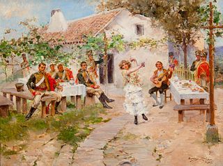 DOMINGO MUÃ‘OZ CUESTA (Madrid, 1850 - 1935). 
"Spanish Dance", Paris. 
Oil on panel.