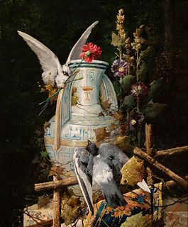 HORACIO LENGO MARTÃNEZ (Torremolinos, 1838-Madrid, 1890). 
"Pigeons next to the Nasrid garden". 
Oil on canvas. Relined.