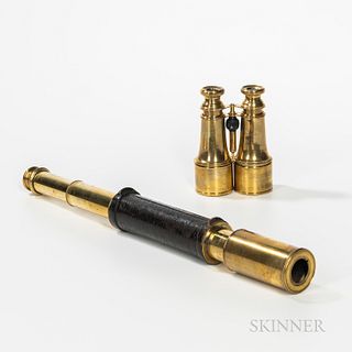 Brass Three-draw Leather-clad Spyglass and a Pair of French Brass Binoculars