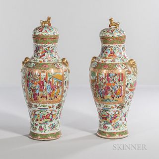 Pair of Large Export Porcelain Rose Medallion Pattern Covered Urns