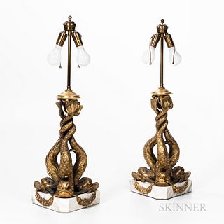 Pair of Neoclassical Gilt-bronze Dolphin Lamps