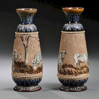 Pair of Doulton Lambeth Hannah and Lucy Barlow Decorated Stoneware Vases