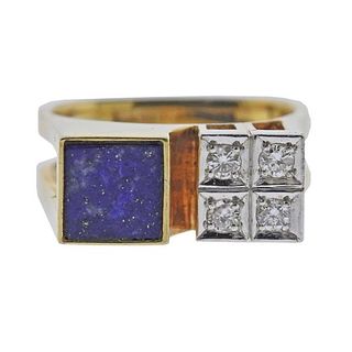 1970s 14K Gold Diamond Lapis Ring