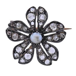 Antique Gold Silver Diamond Pearl Flower Brooch Pin