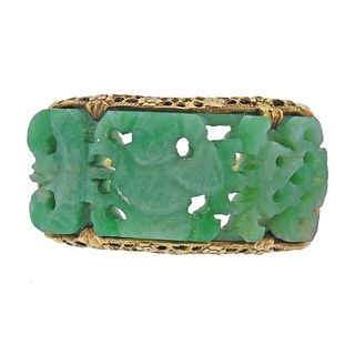 14K Gold Carved Jade Ring
