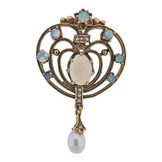 Antique 14K Gold Opal Pearl Lavalier Pendant
