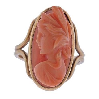 Antique 14k Gold Coral Cameo Ring
