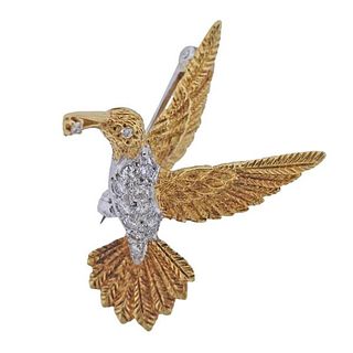 18K Gold Platinum Diamond Hummingbird Brooch Pin