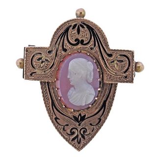 Antique Victorian 14K Gold Agate Cameo Brooch Pendant