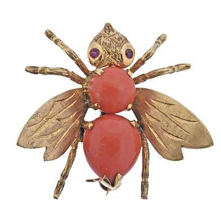 Antique 14K Gold Coral Ruby Bee Insect Brooch Pin