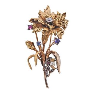 Mid Century 18k Gold Diamond Gemstone Flower Brooch