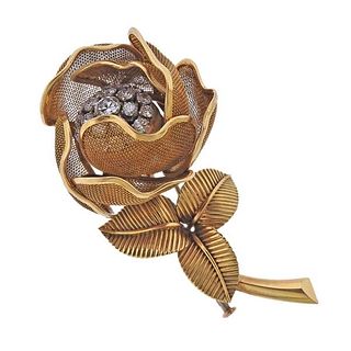1960s 18k Gold Diamond Flower Brooch Pin