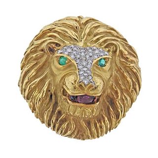 18k Gold Diamond Ruby Emerald Lion Head Brooch