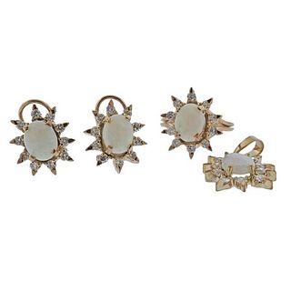 18K Gold Diamond Opal Pendant Ring Earrings Set