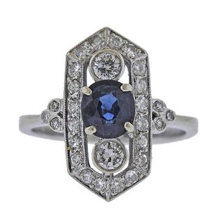 French Mid Century 18K Gold Diamond Sapphire Ring