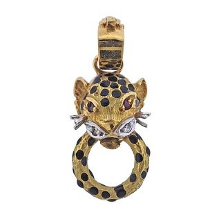 18K Gold Diamond Ruby Enamel Leopard Pendant