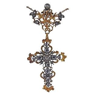 Antique 18k 20k Gold Silver Paste Cross Pendant Necklace
