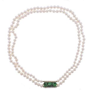 14k Gold Carved Jade Pearl Double Strand Necklace