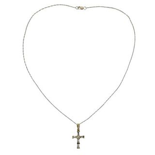 18K Gold Diamond Cross Pendant on 14k Gold Necklace