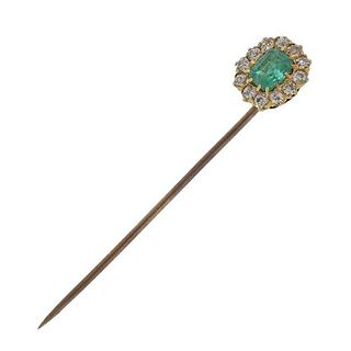 Antique 18k Gold Diamond Emerald Stick Pin
