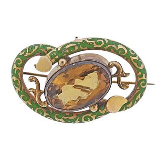 Antique Victorian 14k Gold Enamel Citrine Brooch Pin
