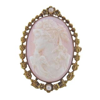 Antique 14k Gold Coral Cameo Pearl Brooch Pendant