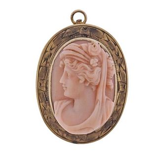 Antique Gold Coral Cameo Brooch Pendant