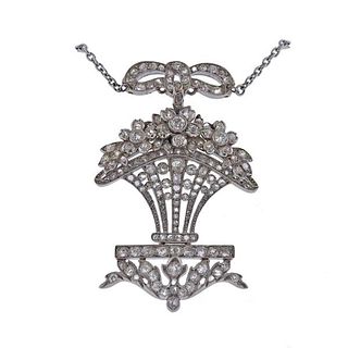 Antique Edwardian Platinum Diamond Basket Pendant Necklace