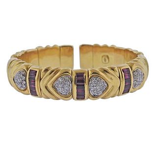 18K Gold Diamond Ruby Cuff Bracelet 