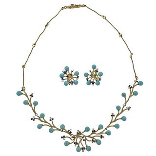 18K Gold Diamond Turquoise Sapphire Necklace Earrings Set