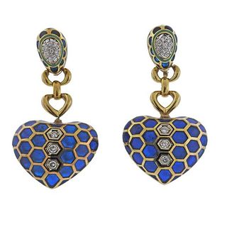 18K Gold Diamond Emerald Heart Drop Earrings