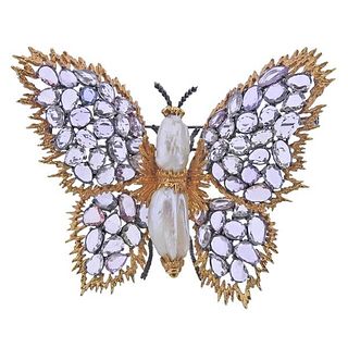 Large 18k Gold Pearl Butterfly Brooch