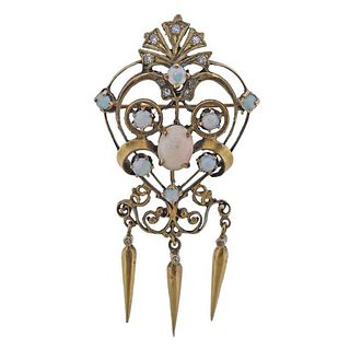 Antique 14K Gold Diamond Opal Brooch Pendant
