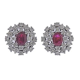 18k Gold Diamond Ruby Cluster Earrings