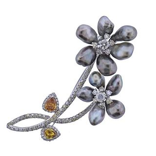 18k Gold Pearl Fancy Diamond Flower Brooch Pin
