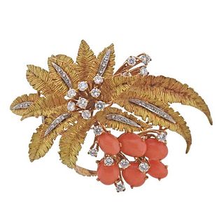 18K Gold Diamond Coral Flower Brooch Pin