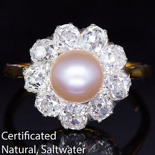 CERTIFICATED NATRUAL SALTWATER PEARL AND DIAMOND CLUSTER RING