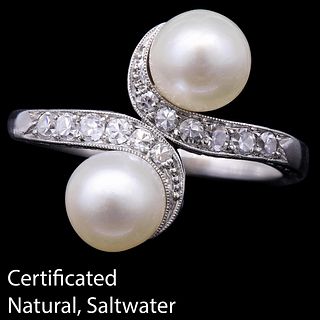 CERTIFICATED NATURAL SALTWATER PEARL AND DIAMOND TWIST RING