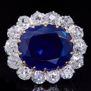 SYNTHETIC SAPPHIRE AND DIAMOND BROOCH